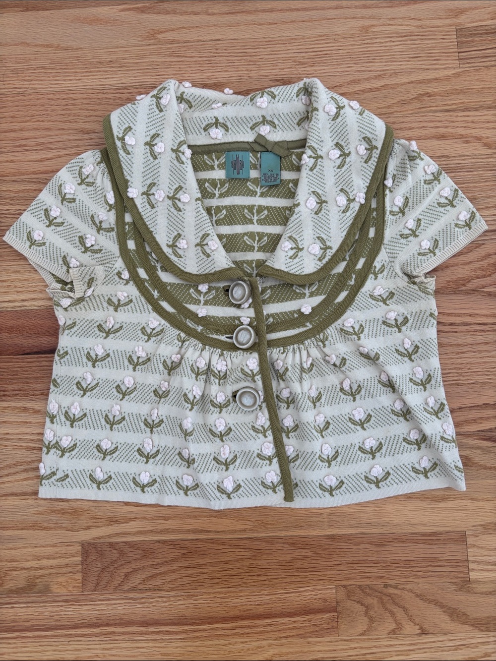 Anthropologie Olive and Cream Floral Knit Cardigan